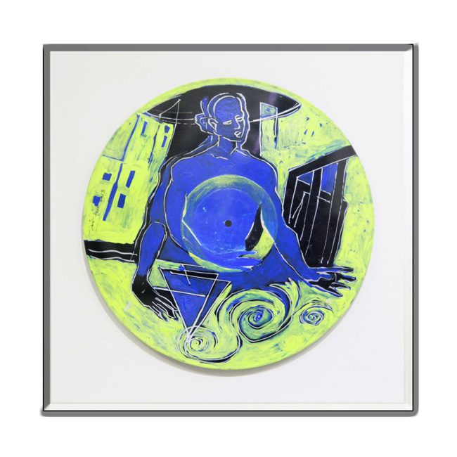 Painted record: a blue figure on acid green