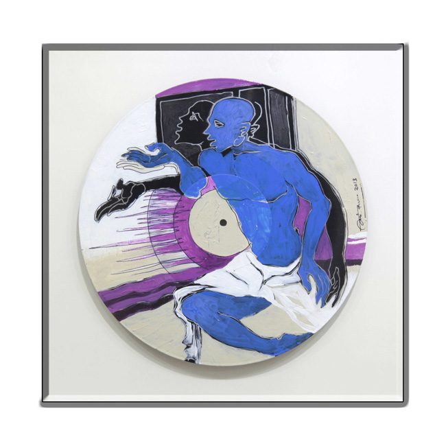 Painted record: a blue figure against violet and white