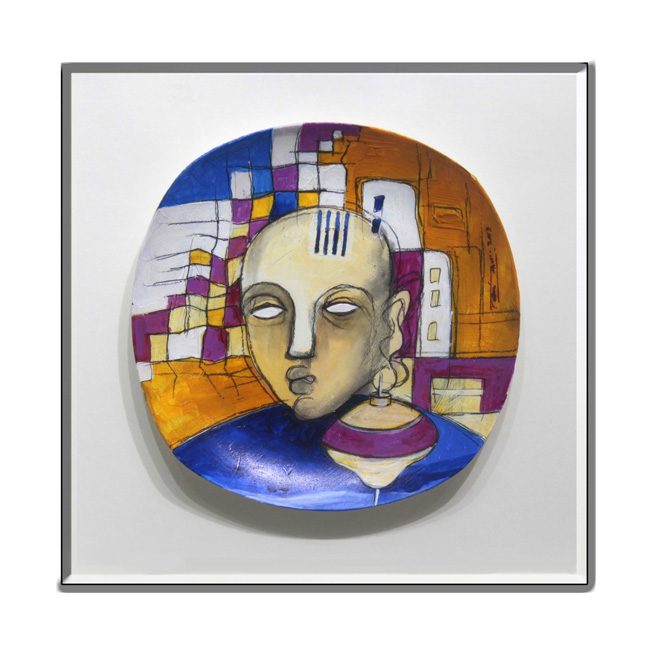 Painted plate: a pale head against a gridded ground