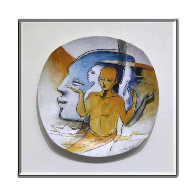 Painted plate: two figures in ochre and blue