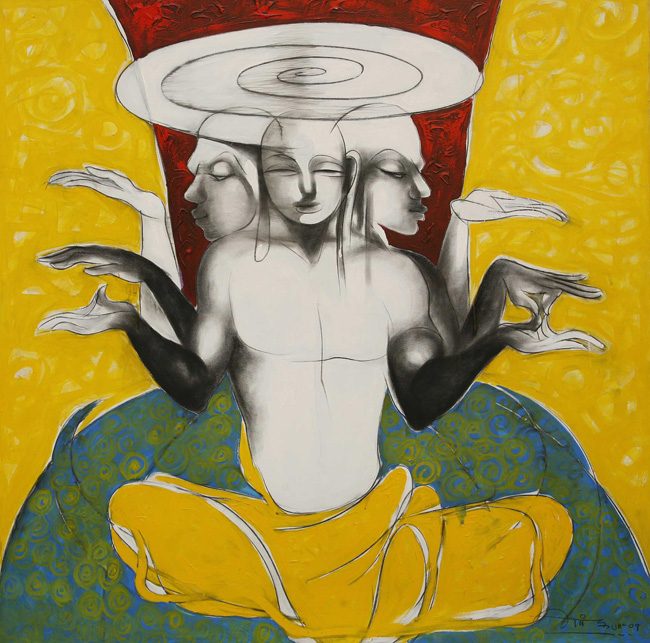 A seated multi-headed figure in chalk white against gold and crimson, a spiral disc above the heads