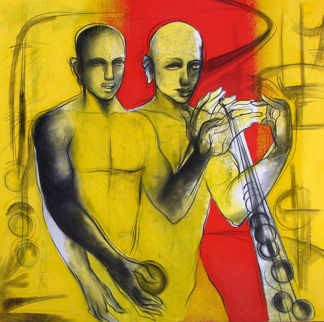 Two figures in yellow and red, one holding a flute