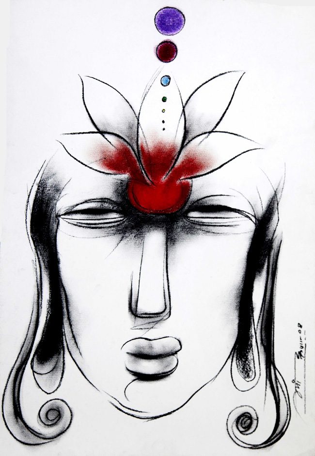 A serene face crowned with a red lotus