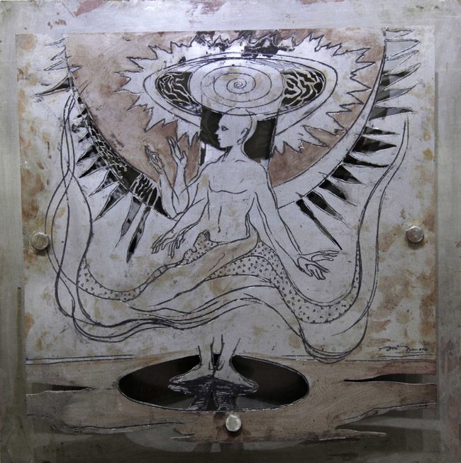Bolted metal relief panel with a winged form above a disc