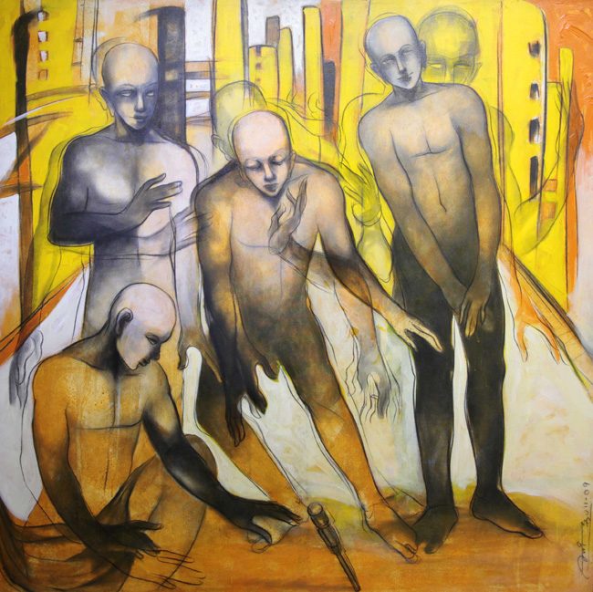 A procession of figures against ochre