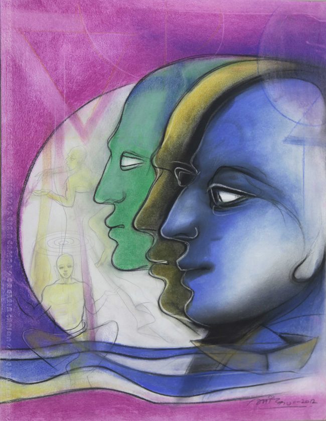 Blue and green profile faces against magenta