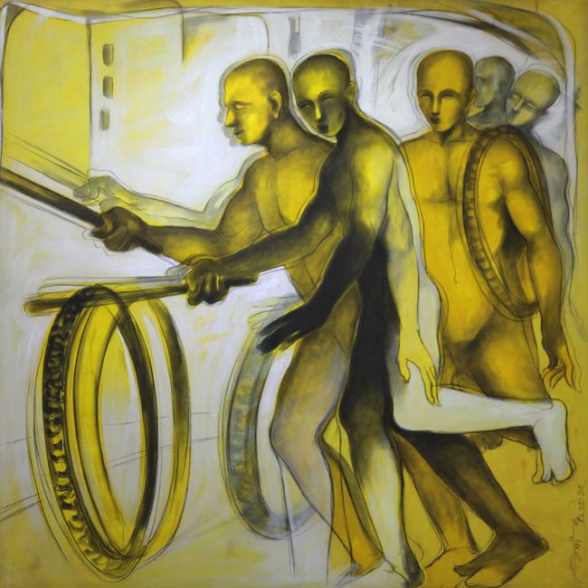 Figures in yellow moving a great golden ring